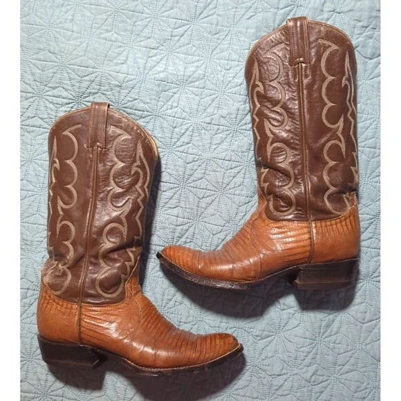 Vintage TONY LAMA Teju Lizard Leather Cowboy Boots Two Tone Men's 8 D USA 8005 - Picture 11 of 14